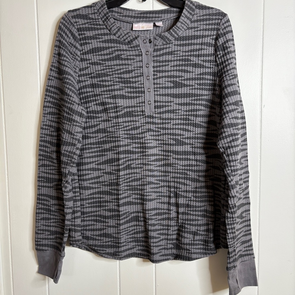 Belle by Kim Gravel Animal Print Gray Henley Top Button Neckline